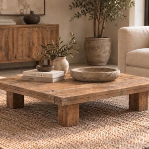 May include: A low, square coffee table crafted from light brown reclaimed wood with a thick tabletop and four sturdy block legs. The table surface holds two stacked books titled The Kinfolk and At Home, a small dark bowl, and a large stone bowl.