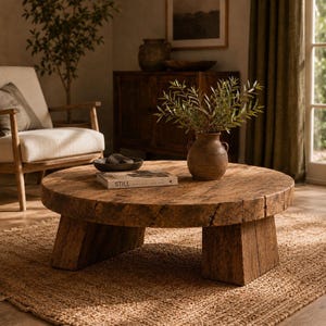 May include: A round, low-profile coffee table crafted from reclaimed wood with a weathered, textured surface and thick, block-style legs. A brown ceramic vase containing green leafy branches sits on the table next to a book titled STILL.