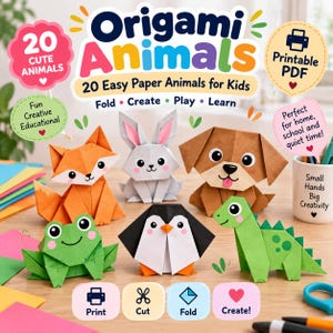 May include: A digital product cover titled Origami Animals featuring 20 Easy Paper Animals for Kids. The image displays six folded paper figures: an orange fox, a grey rabbit, a brown dog, a green frog, a black and white penguin, and a green dinosaur.