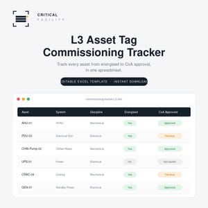 May include: An L3 Asset Tag Commissioning Tracker spreadsheet template. The document features columns for Asset, System, Discipline, Energised, and CxA Approved status, with rows listing equipment like AHU-01, PDU-03, and CHW-Pump-02 with status indicators.
