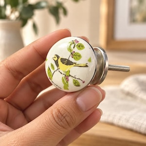 Bird Ceramic Cabinet Knob, Ivory Botanical Drawer Knob, Decorative Furniture Hardware, 38mm