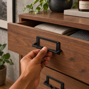May include: A dark brown wood grain dresser featuring multiple drawers with matte black metal label holder pulls. The top drawer is partially open, revealing folded gray and beige fabric items stored inside the wooden storage unit.
