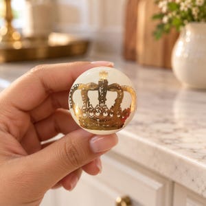 Ceramic Cabinet Knob Ivory Gold, Royal Crown Drawer Pull, Decorative Dresser Knob, Vintage Kitchen Cupboard Hardware, Furniture Decor