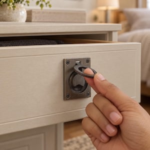 May include: A dark bronze-toned metal ring pull handle mounted on a light-colored wooden drawer front. The hardware features a square backplate secured with four small screws and a circular ring that pivots upward from the center of the plate.