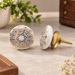 White Ceramic Cabinet Knob, Gold Floral Pattern, Vintage Style Furniture Hardware
