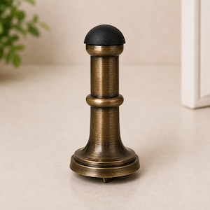 May include: A door stop with a cylindrical body and a rounded base, finished in an antique brass tone with a brushed texture. The top features a black, semi-spherical rubber bumper, and a small metal screw protrudes from the center of the base.