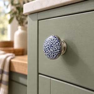 Navy Blue Ceramic Cabinet Knob, Botanical Leaf Pattern, Silver Hardware (40mm)
