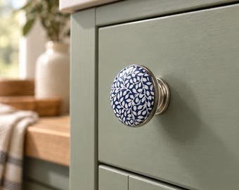 Navy Blue Ceramic Cabinet Knob Set of 2, Botanical Leaf Pattern, Silver Hardware (40mm)