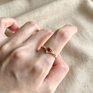 Vintage Maroon Ruby Open Band Ring, Gold Minimalist Four Point CZ Adjustable Ring