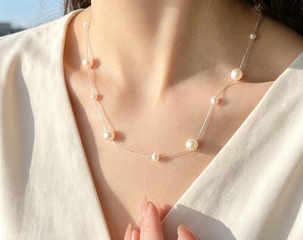 Station Pearl Silver Chain Necklace, Dainty Floating Pearl Choker
