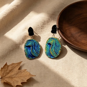 Abstract Swirl Enamel Drop Earrings, Iridescent Blue Green Wave Dangle Studs