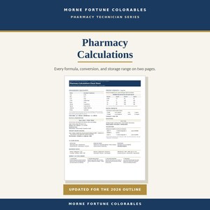 May include: A white document titled Pharmacy Calculations Cheat Sheet from the Morne Fortune Colorables Pharmacy Technician Series. The page contains tables and formulas for measurement equivalents, percent strength, ratio strength, and flow rates.