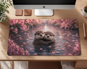 Otter Desk Mat, Cherry Blossom Mouse Pad, Cute Animal Desk Pad, Kawaii Sakura Desk Decor, Aesthetic Office & Gaming Mat
