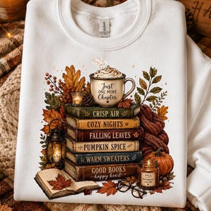 Herfstboekenliefhebber PNG, gezellig herfstontwerp voor bij het koffielezen, boekenstapel sublimatie PNG, pompoenkruiden trui shirt digitale download