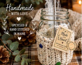 473 ml Mason Jar Becher mit handgestricktem Überzug | Wiederverwendbarer Glasbecher mit Edelstahlstrohhalm | Handgefertigt in Maine | Umweltfreundliches Geschenk