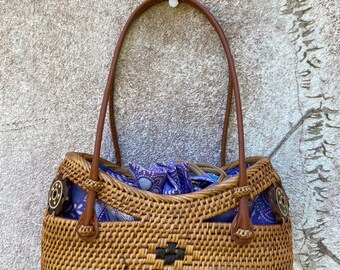Bali Handbag - Handmade, Handwoven, Authentic Rattan and Leather Bali Bag, Straw Bag, Leather Strap