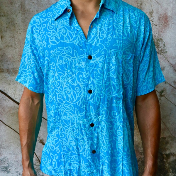 Men's Isla Batik Button Up Collar Shirt, Hawaiian, Tropical, Short Sleeved, Surf, Rayon