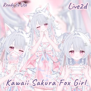 May include: A digital illustration of a fox-eared character with long white hair and pink eyes, wearing a pink and white dress with bows. The text reads Ready to Use, Live2d, and Kawaii Sakura Fox Girl. The character is shown in three poses.