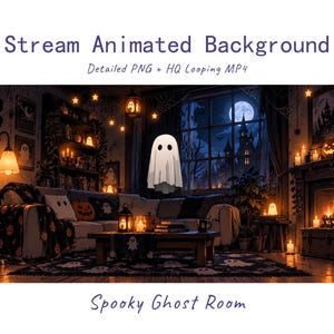 Cozy Autumn Anime Animated Background Cute Ghost Living Room, Fireplace, Moon Castle, Twitch Overlay, VTuber Stream, Discord Youtube OBS