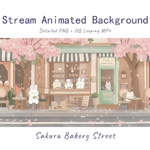 Op de afbeelding: Een digitale illustratie getiteld Stream Animated Background Sakura Bakery Street met een pastelkleurige bakkerijgevel met kersenbloesembomen, kleine dierenfiguren, zitplaatsen buiten en een bord met de tekst Fluffy Bakeshop.