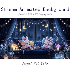 Pode incluir: Uma ilustração digital intitulada Stream Animated Background e Night Pet Sofa apresentando uma cena de janela azul escura com luzes, luas crescentes e estrelas. Vários coelhos e gatinhos de desenho animado descansam num sofá azul com cogumelos brilhantes.