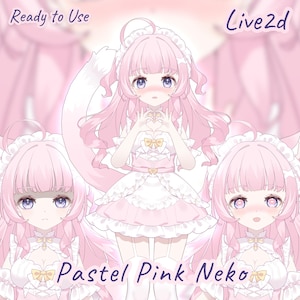 Peut inclure: Une illustration numérique d'un personnage de style anime avec de longs cheveux rose pastel, des oreilles de chat et une queue. Le personnage porte une robe à volants blanche et rose avec des nœuds jaunes. Texte : Ready to Use, Live2d, Pastel Pink Neko.