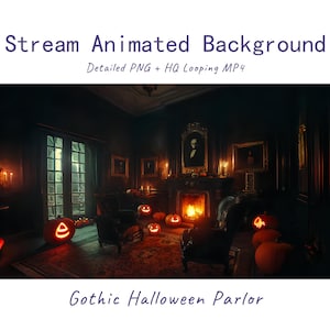 Peut inclure: Un fichier numérique intitulé Stream Animated Background, Detailed PNG + HQ Looping MP4, montrant une pièce sombre avec une cheminée, des citrouilles d'Halloween illuminées au sol et des portraits encadrés, nommé Gothic Halloween Parlor.