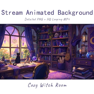 Mysig häxa Anime Animerad Bakgrund Magiskt Rum, Svart Katt, Kristallkula Potions, Solnedgång, Twitch Overlay, VTuber Stream, Discord Youtube OBS