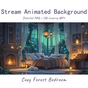 Peut inclure: Stream Animated Background Detailed PNG + HQ Looping MP4 Cozy Forest Bedroom. Une chambre avec une cheminée, un lit avec des oreillers et une couverture, un chien endormi sur un tapis, un bureau et de grandes fenêtres donnant sur une forêt sombre.