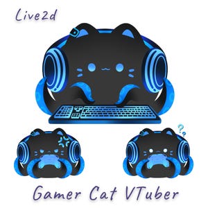 Può includere: Un'illustrazione digitale di un personaggio gatto nero con accenti blu, che indossa cuffie blu e tentacoli, mentre usa una tastiera. Due versioni più piccole mostrano il gatto con un controller, una arrabbiata e una con un punto interrogativo.