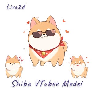 May include: A digital illustration of a Shiba Inu character labeled Live2d Shiba VTuber Model. The central figure wears dark sunglasses and a red bandana with a gold bell. Two smaller Shiba figures flank the center, one with a question mark.