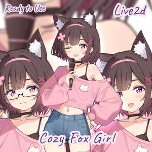 May include: A digital illustration of a character with brown hair, fox ears, and purple eyes, wearing a pink off-shoulder sweater with a white cat icon and blue denim shorts. The character holds a microphone. Text reads Ready to Use, Live2d, and Cozy Fox Girl.