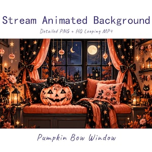 Przytulne animowane tło anime z Halloweenowym oknem, dynią kwiatową, zamkiem księżycowym, nakładką Twitch, strumieniem VTuber, pokojem OBS na Discordzie w serwisie Youtube