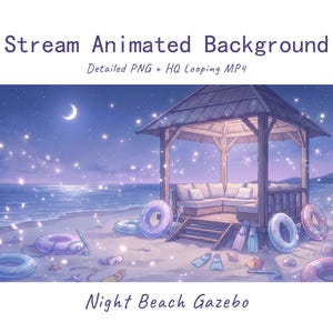Peut inclure: Une illustration numérique intitulée Stream Animated Background, Detailed PNG + HQ Looping MP4, Night Beach Gazebo. Elle représente un kiosque en bois sur une plage de sable la nuit avec un croissant de lune, des particules lumineuses et des bouées.