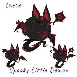 May include: A digital illustration featuring three round, black and red demon creatures with bat-like wings, horns, and tails. The text Live2d appears in the top left corner, and the text Spooky Little Demon is written at the bottom center.