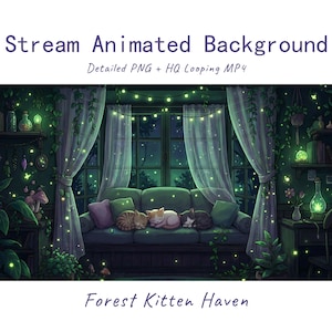 May include: Stream Animated Background Detailed PNG + HQ Looping MP4 Forest Kitten Haven. An illustration of a cozy room with a window, sheer curtains, string lights, and three kittens sleeping on a sofa surrounded by glowing fireflies and plants.