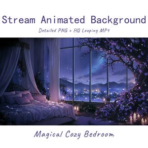 Könnte beinhalten: Stream Animated Background Detailed PNG + HQ Looping MP4 Magical Cozy Bedroom. Ein Schlafzimmer mit einem Himmelbett, großen Fenstern mit Blick auf eine nächtliche Stadtlandschaft und einem großen Baum mit leuchtenden violetten Blüten.