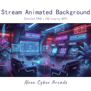 May include: A digital illustration of a futuristic arcade room featuring neon signs that read NEO-ARCADE, CYBER-CAFE, and SYSTEM_ONLINE. The scene includes three arcade cabinets, a central coffee table, two armchairs, and potted plants.