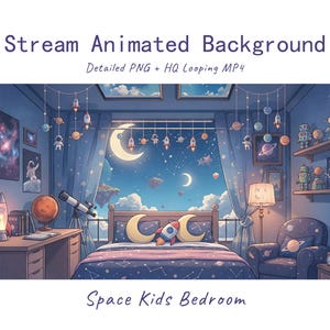 May include: An animated bedroom scene with space-themed decor, including a bed with moon and rocket pillows, a desk with a telescope and globe, a chair, and shelves with robot figures. The room features a large window view of a night sky with planets.
