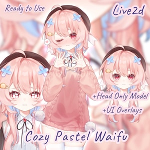 Puede incluir: Un modelo de personaje digital Live2D con cabello rosa, clips azules y una boina negra. El personaje viste un suéter de punto rosa sobre una camisa blanca con cuello. El texto incluye Ready to Use, Live2d, Head Only Model, UI Overlays y Cozy Pastel Waifu.