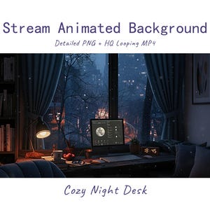 Puede incluir: Un fondo digital animado titulado Stream Animated Background, Detailed PNG + HQ Looping MP4, Cozy Night Desk. Muestra una habitación oscura con un escritorio, un monitor de computadora con una luna, una lámpara, libros y una ventana.