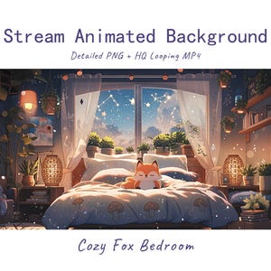 以下が含まれることがあります： Stream Animated Background Detailed PNG + HQ Looping MP4 Cozy Fox Bedroom. キノコ柄の寝具が敷かれたベッドの上で休むキツネが描かれた寝室の風景。カーテンと観葉植物に囲まれた大きな窓からは、星空が広がっている様子が見える。