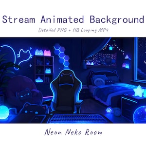 May include: Stream Animated Background Detailed PNG + HQ Looping MP4 Neon Neko Room. A digital illustration of a bedroom featuring blue and purple neon lighting, cat-shaped decor, a gaming chair, a bed, and a desk with a keyboard in the foreground.