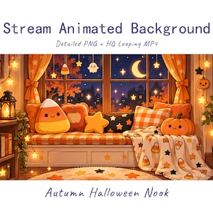 Fondo animado de anime acogedor de otoño, ventana de caramelos de maíz, peluche de calabaza, luna y estrella, superposición de Twitch, transmisión de VTuber, sala de Discord y YouTube OBS