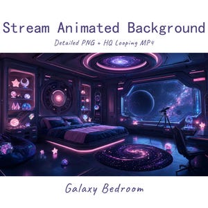 以下が含まれることがあります： Stream Animated Background Detailed PNG + HQ Looping MP4 Galaxy Bedroom. 紫と青のネオン照明、ベッド、銀河が見える大きな窓、望遠鏡、そして光る星型の装飾が置かれた棚を備えた、近未来的な寝室のインテリア。