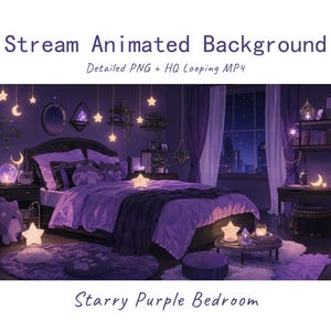 Può includere: Un'illustrazione digitale di una camera da letto con illuminazione viola, dotata di un letto con biancheria viola, luci a sospensione a forma di stella e luna, un tappeto rotondo con impronte di zampe e una scrivania. Testo: Stream Animated Background, Detailed PNG + HQ Looping MP4, Starry Purple Bedroom.
