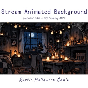 以下が含まれることがあります： Stream Animated Background Detailed PNG + HQ Looping MP4 Rustic Halloween Cabin. ハロウィーン用に装飾された暗い木造キャビンの室内。光るゴーストと星のストリングライト、ジャック・オー・ランタン、キャンドル、そして満月の景色が描かれています。