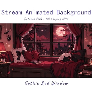 May include: Stream Animated Background Detailed PNG + HQ Looping MP4 Gothic Red Window. A room with a window view of a full moon, castle, and bats. Features red curtains, a window seat with heart-shaped pillows, a black cat, and a lamp.