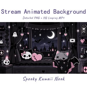 Peut inclure: Stream Animated Background Detailed PNG + HQ Looping MP4 Spooky Kawaii Nook. Une illustration d'une pièce sombre avec une fenêtre donnant sur un croissant de lune, des chauves-souris et un château. Inclut un oreiller crâne, des coussins cœurs et un chat.