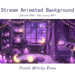 May include: An animated stream background featuring a purple-themed room with a canopy bed, a large window showing a night sky with a crescent moon, shelves filled with glowing crystals, potion bottles, and small bat-like creatures throughout.